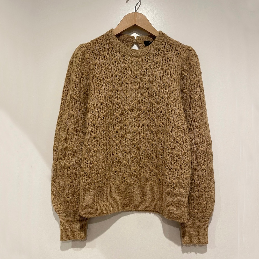 J Crew Balloon Sleeve Cable Knit Sweater in Camel